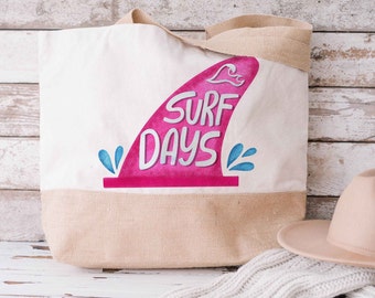 Pink Surf Days Beach Bag, Large Canvas Jute Totebag