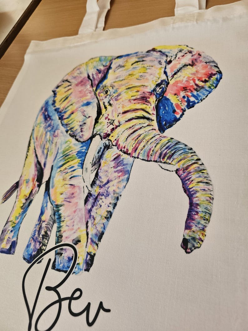 Rainbow Elephant Tote bag, Personalised Totebag, Large Totebag, Colourful Elephant Gift, Long Handle Bag image 10