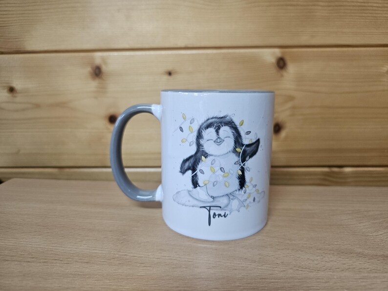 Personalised Christmas Penguin Mug, Sketch Penguin With Xmas Lights, Christmas Hot Choc Mug image 10