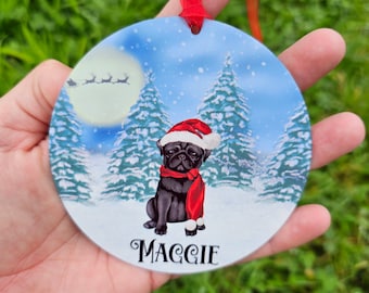 Personalised Christmas Black Pug Tree Decoration, Pug Metal Christmas Hanging Ornament