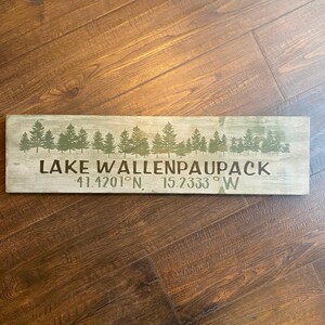 Lake Wallenpaupack Coordinates Sign | Pine Tree Silhouette | Rustic Cabin Decor | Location Sign | 6x24 Wood Lake House Wall Art