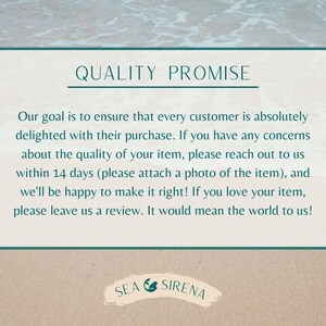 Puede incluir: Gr&aacute;fico enmarcado en verde azulado sobre un fondo de playa arenosa. El texto dice "QUALITY PROMISE" encima de un mensaje sobre la satisfacci&oacute;n del cliente y las rese&ntilde;as. El logotipo de Sea Sirena est&aacute; en la parte inferior.