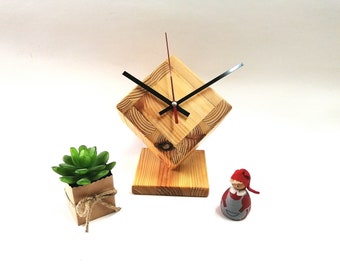 Wooden Cubic Desk Clock, Unique Handmade Decor of Pine Board, Office Decoration, Eco-friendly Clock for Nature Lovers