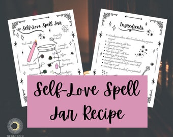 Puede incluir: Receta imprimible de frasco de hechizo de amor propio con fondo rosa y texto negro. La receta incluye ingredientes como sal del Himalaya, azúcar, mejorana, tomillo, romero, cuarzo rosa, aceite esencial de lavanda, aceite esencial de eucalipto y un amuleto de llave de corazón.