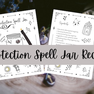 May include: A printable guide for creating a protection spell jar. The guide includes a list of ingredients and instructions for creating the jar. The ingredients include sea salt, rosemary, cloves, and a black candle.