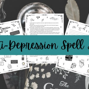 May include: Printable guide for creating an anti-depression spell jar. The guide includes a list of ingredients and instructions for creating the spell jar. The guide is printed on white paper with black ink.