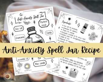 Puede incluir: Una receta de frasco mágico imprimible en blanco y negro para combatir la ansiedad. La receta incluye ingredientes como sal marina, manzanilla, semillas de mostaza, vainilla, aceite esencial de eucalipto y una vela azul. El texto "Anti-Anxiety Spell Jar Recipe" está escrito en una pancarta amarilla.