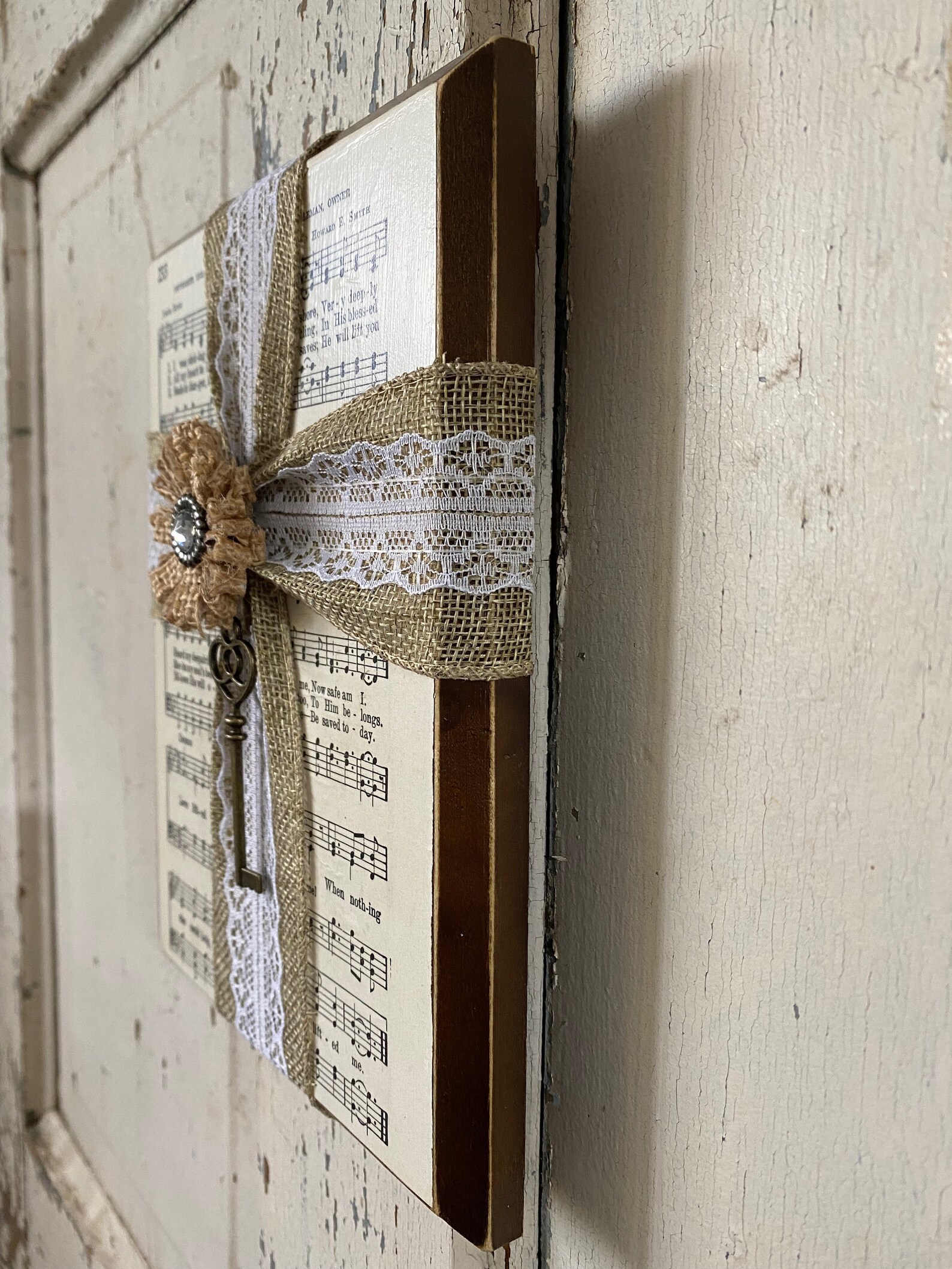 Vintage Hymn Sheet Music Wood Plaque With Ribbon Cross and Key