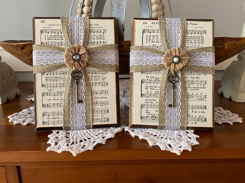Vintage Hymn Sheet Music Wood Plaque With Ribbon Cross and Key