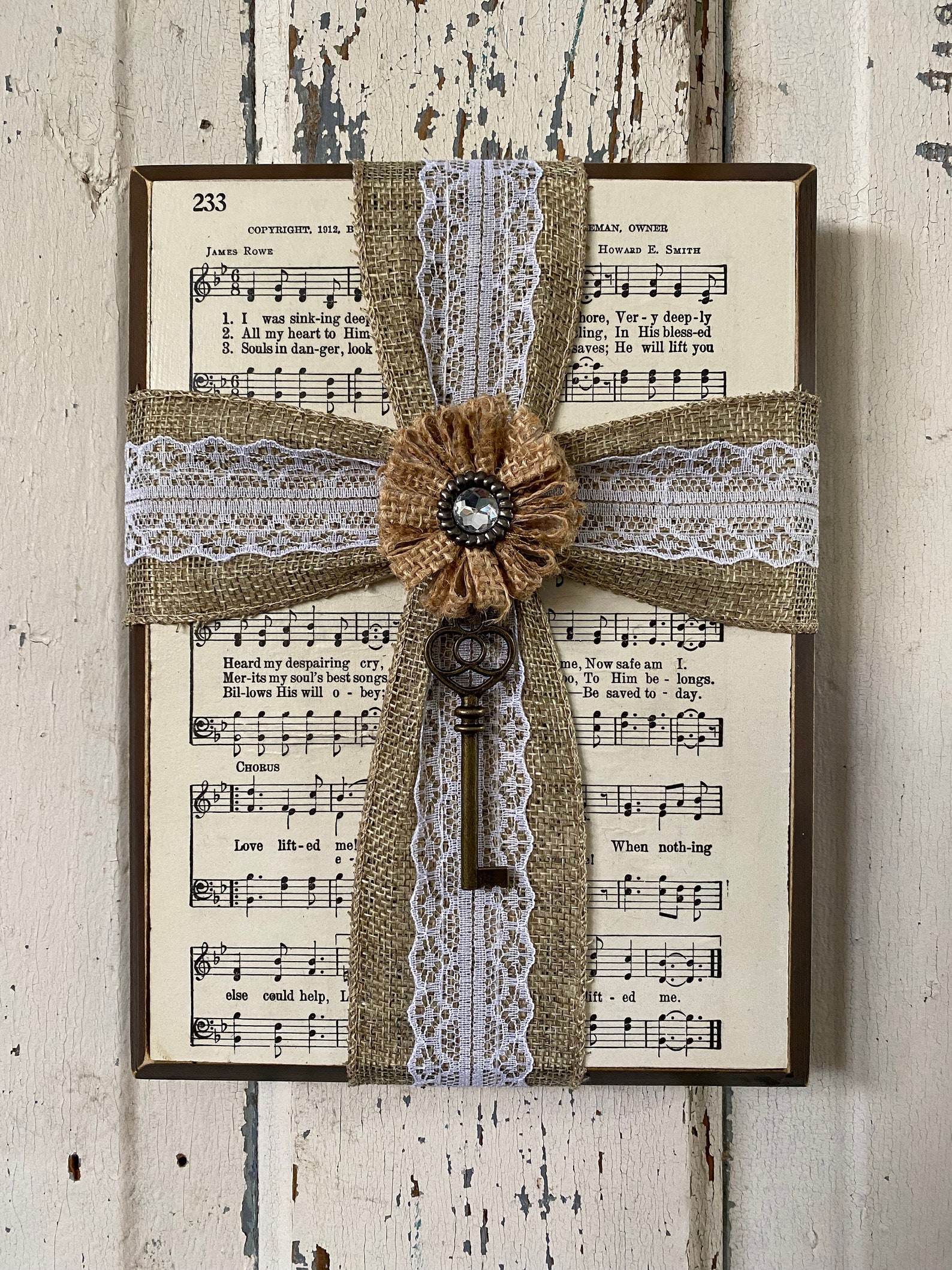 Vintage Hymn Sheet Music Wood Plaque With Ribbon Cross and Key