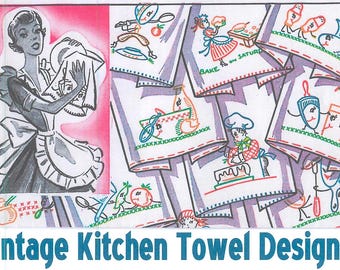 Disegni da ricamo per cucina vintage: trasferimento su strofinaccio (download PDF)