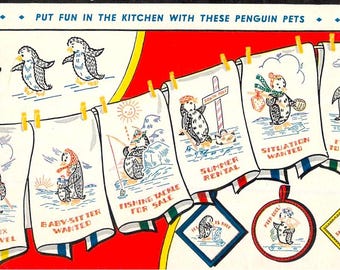 Vintage Penguin Kitchen Embroidery Designs: Tea Towel Designs for Transfer (PDF Download)