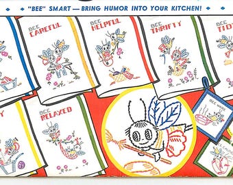 Bee Embroidery Designs: Vintage Kitchen Tea Towel Patterns (PDF Download)