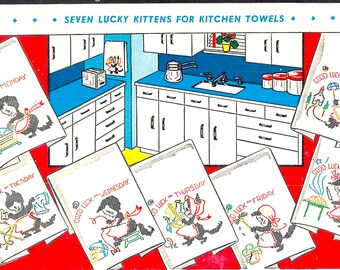 Vintage Lucky Kittens Kitchen Embroidery Designs: Tea Towel Patterns (PDF Download)