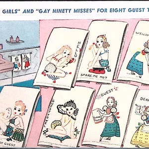 May include: Set of eight white guest towels with colorful illustrations of women in various poses. The towels feature text such as "Welcome Friend", "Spare Me Not", "Hello", and "For My Guest".
