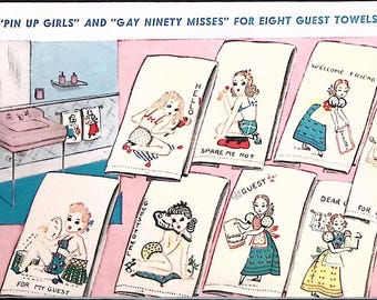 1950s Pin Up Girls Embroidery Pattern: Vintage Towel Applique (Digital Download)