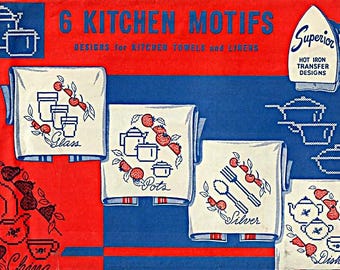 Vintage Kitchen Motifs Embroidery Designs: 1940s Tea Towel Transfers (PDF Download)