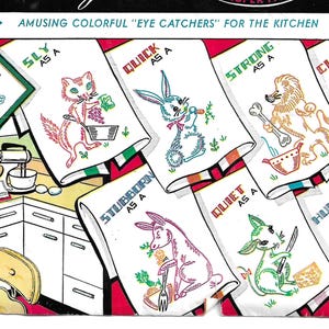 Vintage Kitchen Embroidery Designs: Amusing Animal Tea Towel Patterns (PDF Download)