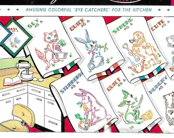 Vintage Kitchen Embroidery Designs: Amusing Animal Tea Towel Patterns (PDF Download)