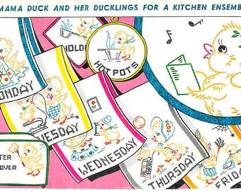 Vintage Duckling Embroidery Designs: Kitchen Tea Towel Transfers (PDF)