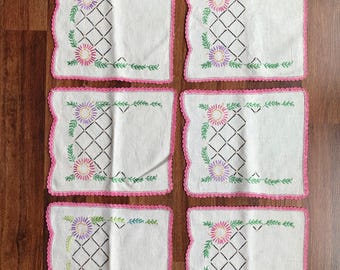 Vintage Embroidered Chair Set, Floral Hand Embroidery, Pink Crochet Edging