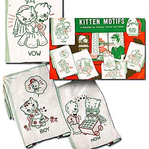 May include: A set of six iron-on transfer designs featuring adorable kittens in various poses. The designs include "VOW", "BOY", "NOW", "JOY", "KISS", and a design with two kittens in a wagon. The designs are printed on a red and white background with the text "KITTEN MOTIFS" and "SUPERIOR HOT IRON TRANSFER DESIGNS".