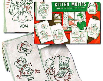 Vintage Kitten Romance Embroidery Designs: 1940s Tea Towel Transfers (PDF Download)