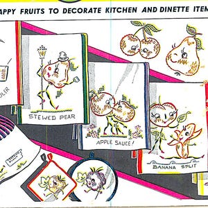 Happy Fruits Embroidery Designs: Vintage Kitchen Tea Towel Transfer (PDF Pattern)