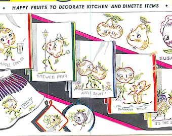 Happy Fruits Embroidery Designs: Vintage Kitchen Tea Towel Transfer (PDF Pattern)