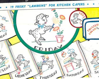 Lamb Embroidery Designs: Vintage Kitchen Tea Towel Motifs (PDF)