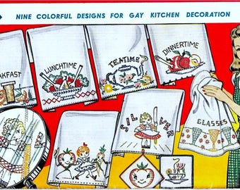 Disegni da ricamo per cucina vintage: disegni per strofinacci da cucina da trasferire (download PDF)