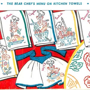 Bear Chef Embroidery Designs: Vintage Kitchen Tea Towel Transfer (PDF Download)
