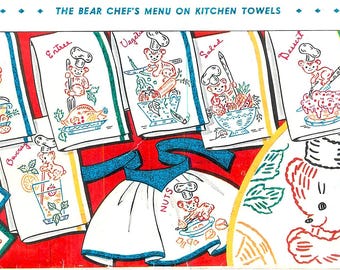 Bear Chef Embroidery Designs: Vintage Kitchen Tea Towel Transfer (PDF Download)