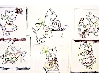 Vintage Scottie Stickmuster: 1930er Jahre Geschirrtuch Stickmuster zum Abdrucken (PDF)
