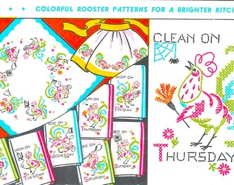 Vintage Rooster Embroidery Designs: Tea Towel Designs for Transfer (PDF Download