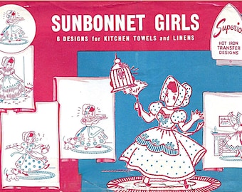 Sunbonnet Girls Embroidery Designs: Vintage Kitchen Tea Towel Transfers (PDF Download)