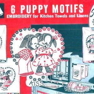 Vintage 1940s Embroidery Designs, Puppy Love, Kitchen Embroidery Designs, Transfer Designs, Tea Towel Transfers, PDF download