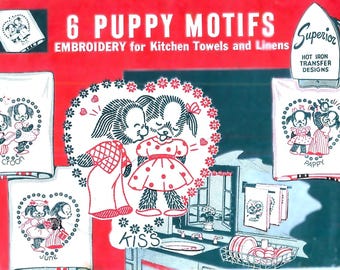 Vintage 1940s Puppy Love Embroidery Designs: Kitchen Tea Towel Designs for Transfer (PDF download)