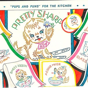 Kitchen Embroidery Designs, Kitchen Embroidery, Cute Puppies & Puns Kitchen Transfers for Tea Towels, Embroidery Kitchen Linens, PDF