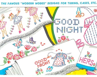 1950s Embroidery Pattern: Modern Pillowcase & Towel Designs (Digital Download)