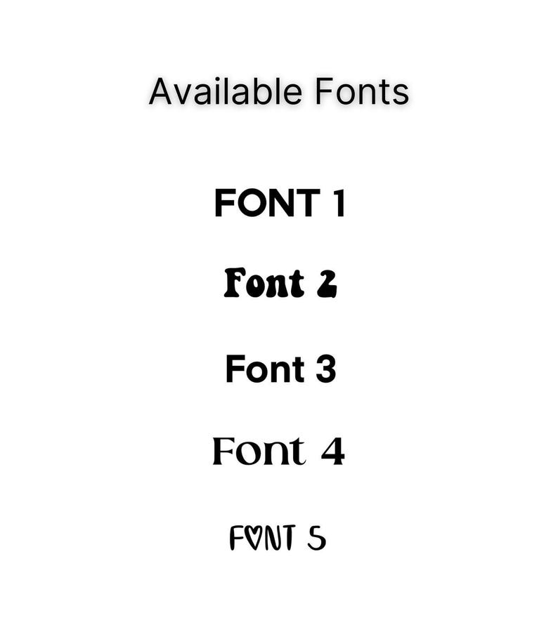 Peut inclure: Une liste de cinq polices diff&eacute;rentes, &eacute;tiquet&eacute;es "FONT 1", "Font 2", "Font 3", "Font 4" et "FONT 5".
