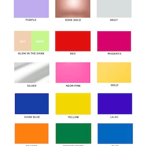 Peut inclure: Un tableau pr&eacute;sentant 16 couleurs diff&eacute;rentes avec leurs noms &eacute;crits sous chaque &eacute;chantillon de couleur. Les couleurs incluent le violet, l'or rose, le gris, la lueur dans le noir, le rouge, le magenta, l'argent, le rose fluo, l'or, le bleu fonc&eacute;, le jaune, le lilas, l'orange, le vert for&ecirc;t, le bleu, le marron, le rouge m&eacute;tallis&eacute; et le vert.