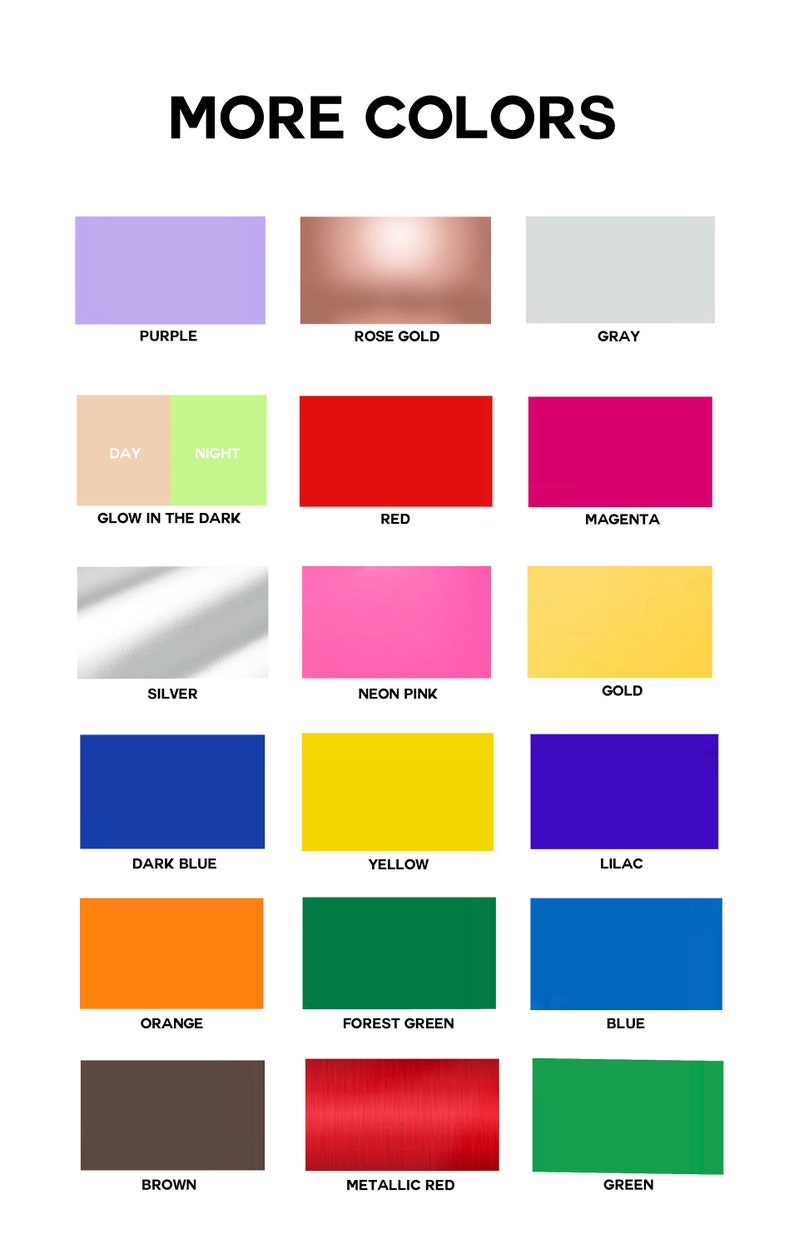 Peut inclure: Un tableau pr&eacute;sentant 16 couleurs diff&eacute;rentes avec leurs noms &eacute;crits sous chaque &eacute;chantillon de couleur. Les couleurs incluent le violet, l'or rose, le gris, la lueur dans le noir, le rouge, le magenta, l'argent, le rose fluo, l'or, le bleu fonc&eacute;, le jaune, le lilas, l'orange, le vert for&ecirc;t, le bleu, le marron, le rouge m&eacute;tallis&eacute; et le vert.