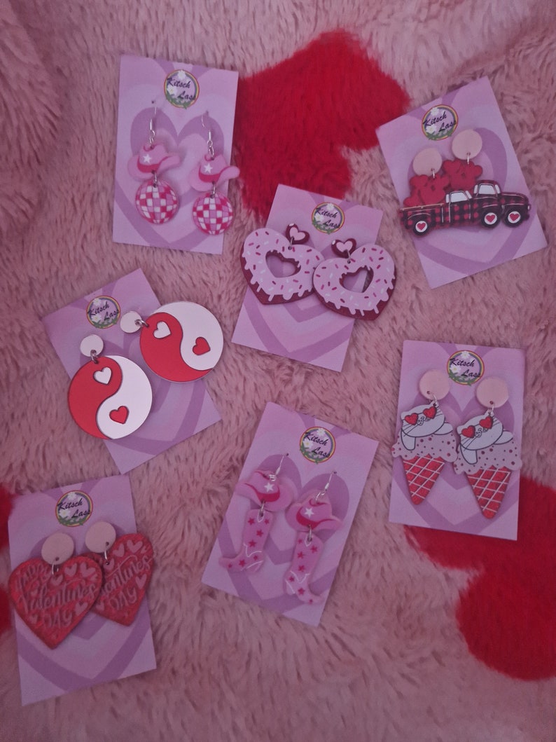 Pink & red doughnut earrings. Donut sprinkles jewellery. Handmade galantines valentines day glitter acrylic earrings. Kawaii harajuku kitsch image 4