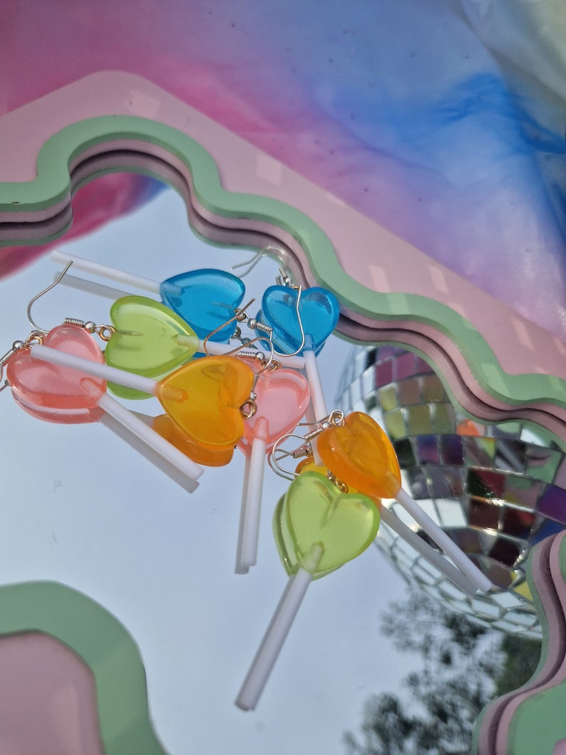 Lollipop heart resin earrings. Handmade galantines valentines day resin pink, blue, orange, green earrings. Kawaii harajuku kitsch image 4