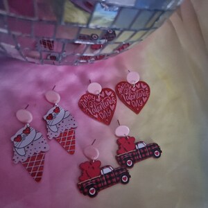 Pink & red valentines day earrings. Hearts, cat ice cream, love car. Handmade galantines glitter acrylic earrings. Kawaii harajuku kitsch image 5