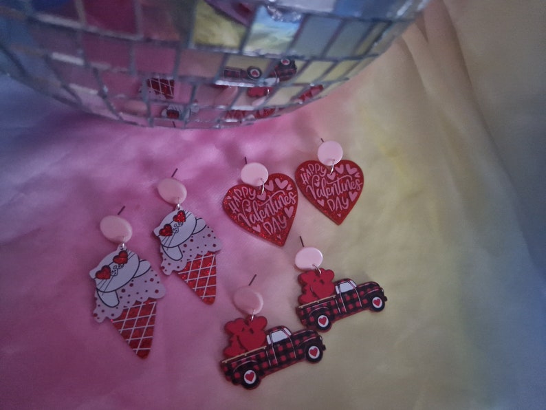 Pink & red valentines day earrings. Hearts, cat ice cream, love car. Handmade galantines glitter acrylic earrings. Kawaii harajuku kitsch image 5