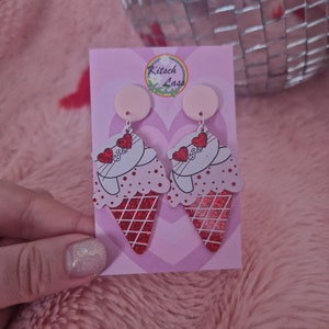 Pink & red valentines day earrings. Hearts, cat ice cream, love car. Handmade galantines glitter acrylic earrings. Kawaii harajuku kitsch image 4