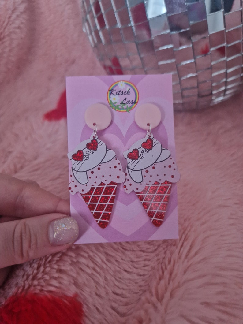 Pink & red sparkle cat and donut earrings. Hearts doughnut, cat ice cream. Handmade galantines acrylic earrings. Kawaii harajuku kitsch image 6