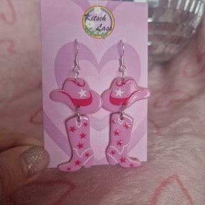 Disco cowboy earrings. Discoball cowboy hat and boots. Handmade galantines valentines pink girl acrylic earrings. Kawaii harajuku kitsch image 2